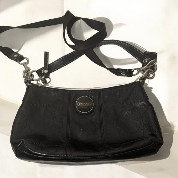 Coach Signature  Patent Leather Hobo Handbag Purse Black Embossed F15141 - Picture 1 of 9